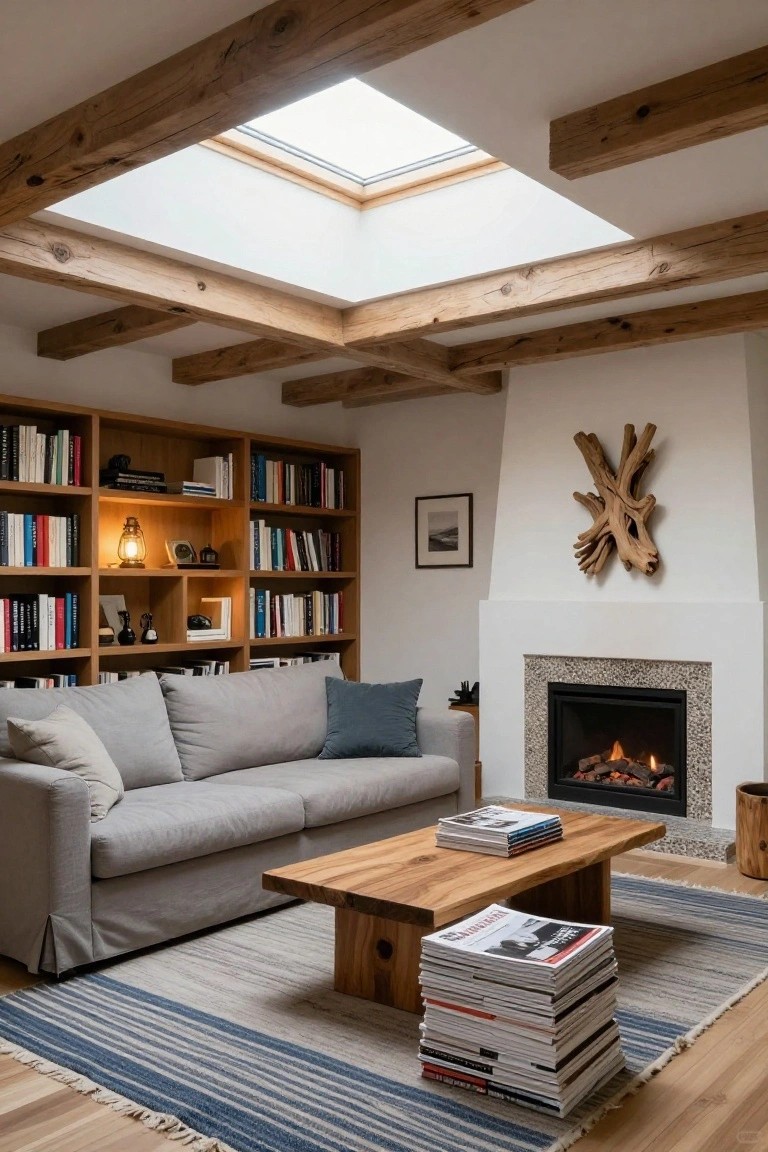 A living room with exposed wooden ceiling beams and a central skylight, wooden bookshelves on one wall, a white fireplace with gas flames, a gray sofa, wooden coffee table stacked with magazines, and a blue-gray rug on wood floors.