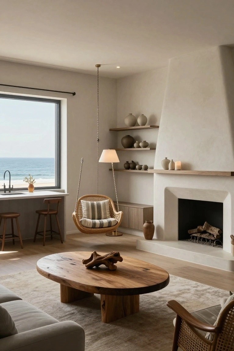 Coastal living room with light plaster walls, wood-burning fireplace, large oval live-edge wood coffee table, rattan swing chair, bar stools, shelves of ceramic pots, and ocean view through a corner window.