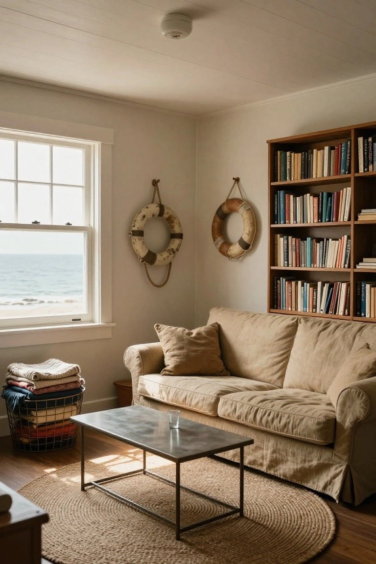 Cozy living room interior with beige slipcovered sofa, wooden bookshelves filled with books, two rope-hung life preservers on white walls, large window showing ocean view, jute rug, metal coffee table, and wicker laundry basket with folded linens.