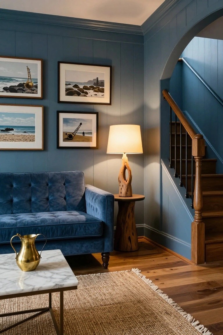 A living room with navy blue vertical paneled walls, blue velvet tufted sofa, marble-top coffee table with brass pitcher, twisted wood lamp on stump side table, seagrass rug, hardwood floors, and wooden staircase with arched opening.