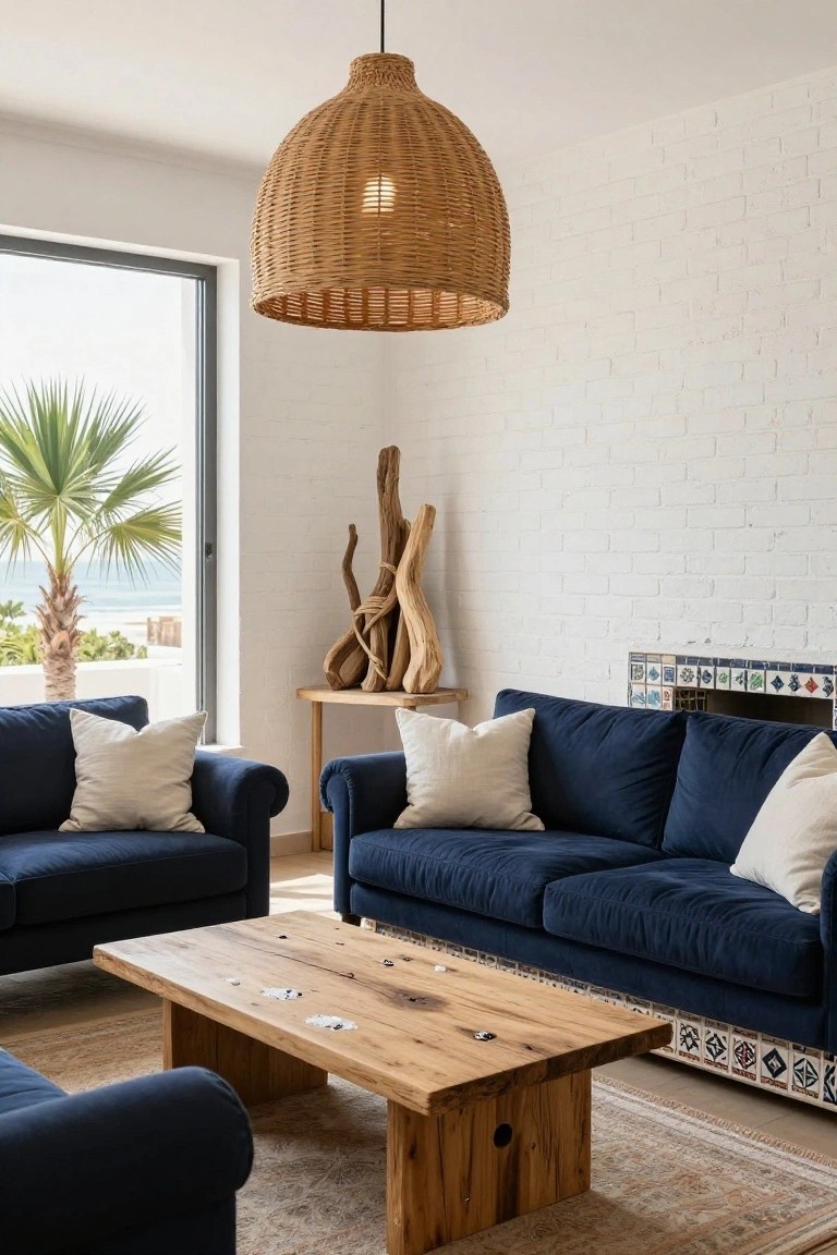 A coastal living room with two navy blue velvet sofas facing each other around a live-edge oak coffee table, white brick walls, woven pendant lamp overhead, driftwood sculpture, tiled fireplace, and large window showing palm trees and ocean.
