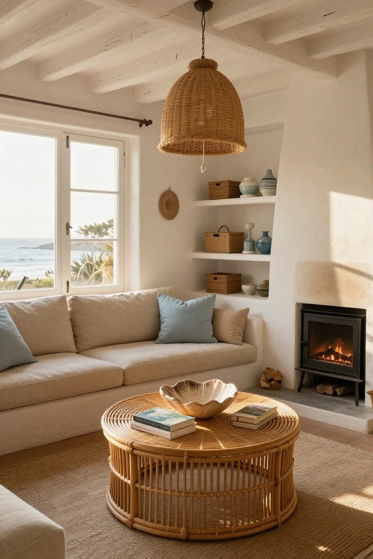 Bright living room with beige linen sofa, blue cushions, round rattan coffee table with books and shell bowl, fireplace, built-in shelves holding pottery and baskets, rattan pendant light, and windows overlooking ocean and greenery.