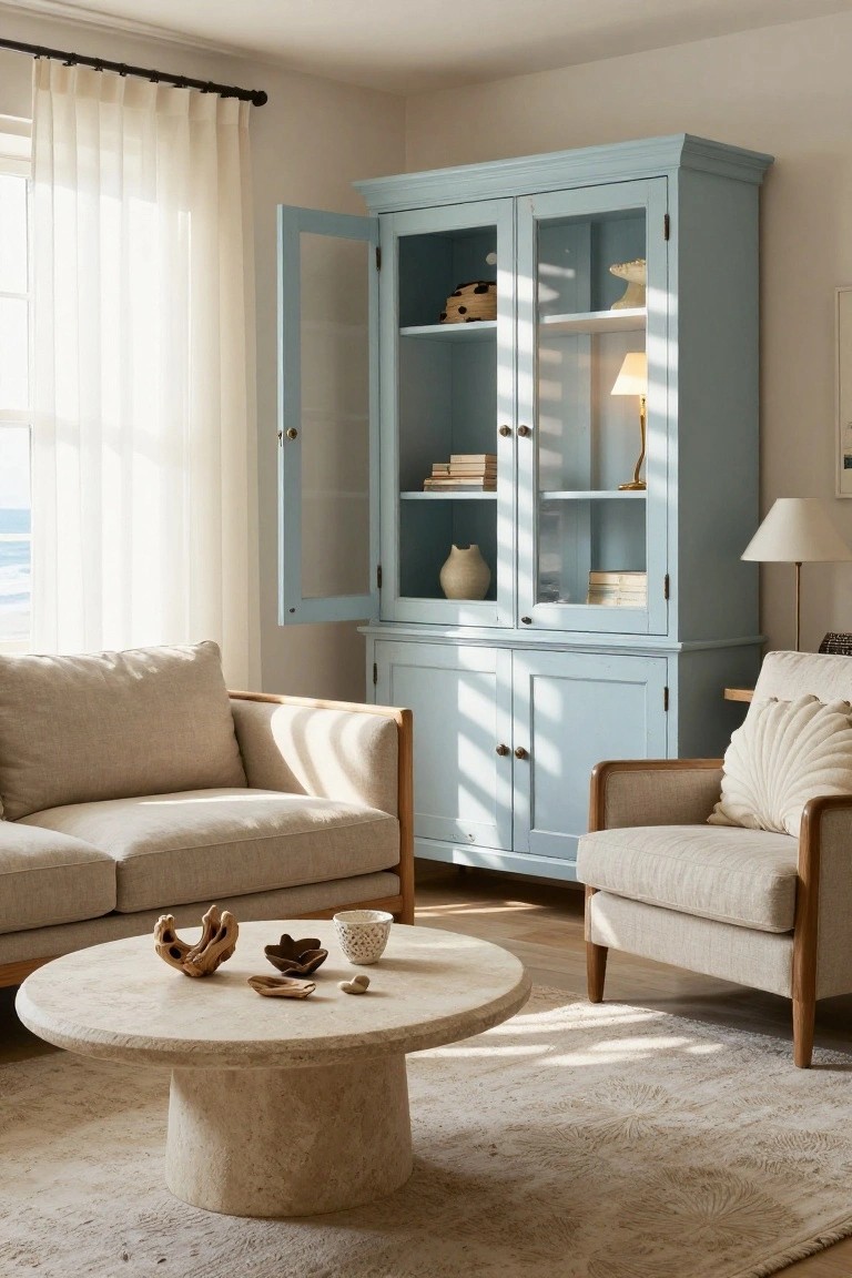 Light blue wooden armoire with glass doors partially open displaying books, pottery, and small objects, beside beige upholstered sofas and a round travertine coffee table in a sunlit living room with ocean view through sheer curtains.