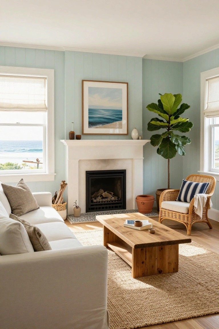 A coastal living room with pale blue shiplap walls, white sofa with neutral pillows, rattan armchair, wooden coffee table, large fiddle leaf fig plant, and white fireplace with ocean view windows.