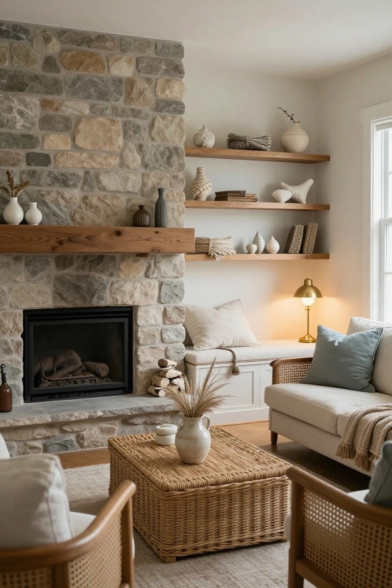 Living room with a tall stone fireplace under a wood beam mantel, flanked by floating wood shelves holding ceramics and books, rattan chairs, wicker coffee table, and a white sofa with blue pillows.