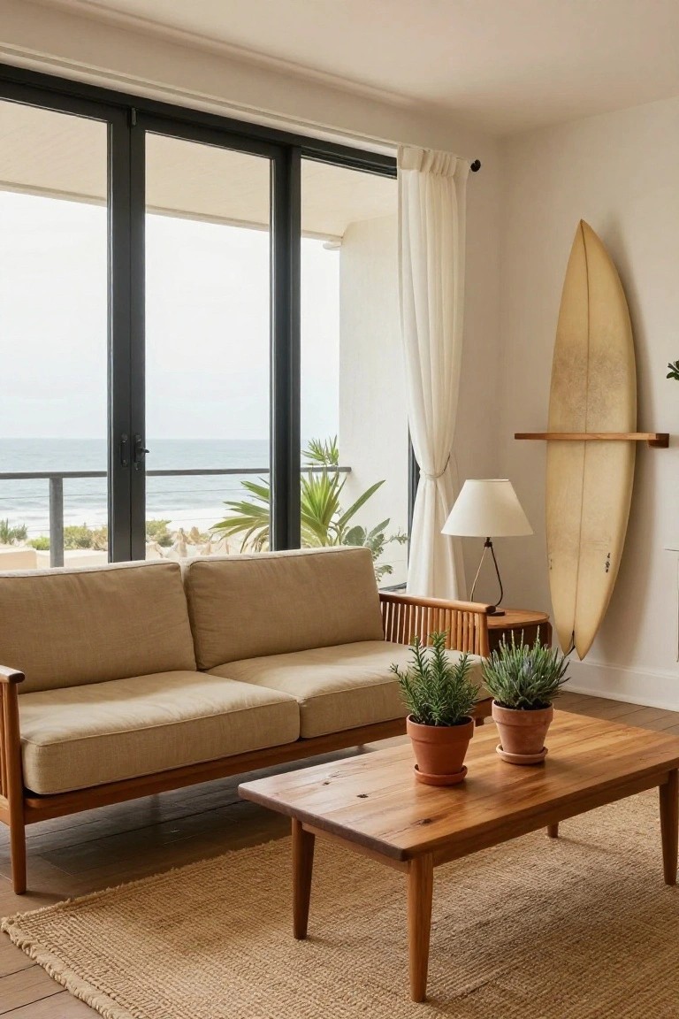 Living room with beige linen sofa on wooden frame, low wooden coffee table holding two potted plants, rattan side chair with lamp, yellow surfboard mounted on wooden wall rack, large black sliding glass doors showing ocean view, white walls, jute rug, potted palm.