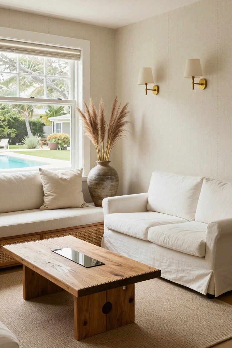 A cozy coastal living room features a white slipcovered sofa, low wooden coffee table with mirror inset, rattan storage bench, large vase of pampas grass, and a large window showing a pool and garden beyond.