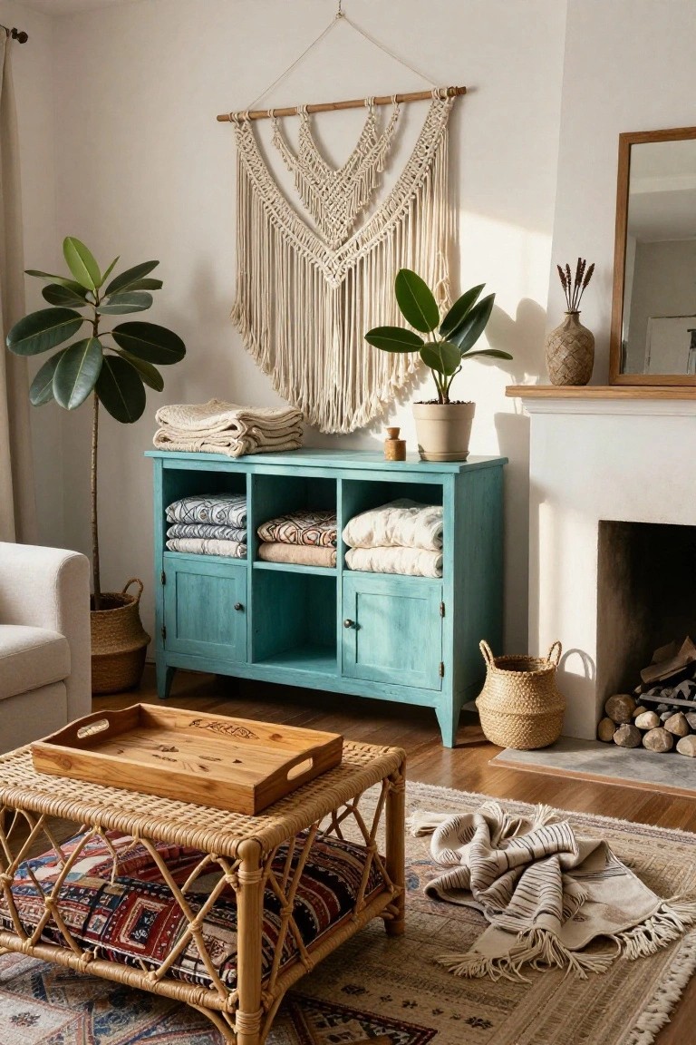 Living room featuring a turquoise credenza with folded blankets on open shelves, rattan coffee table, potted fiddle leaf fig plants, macrame wall hanging, woven basket, and brick fireplace.