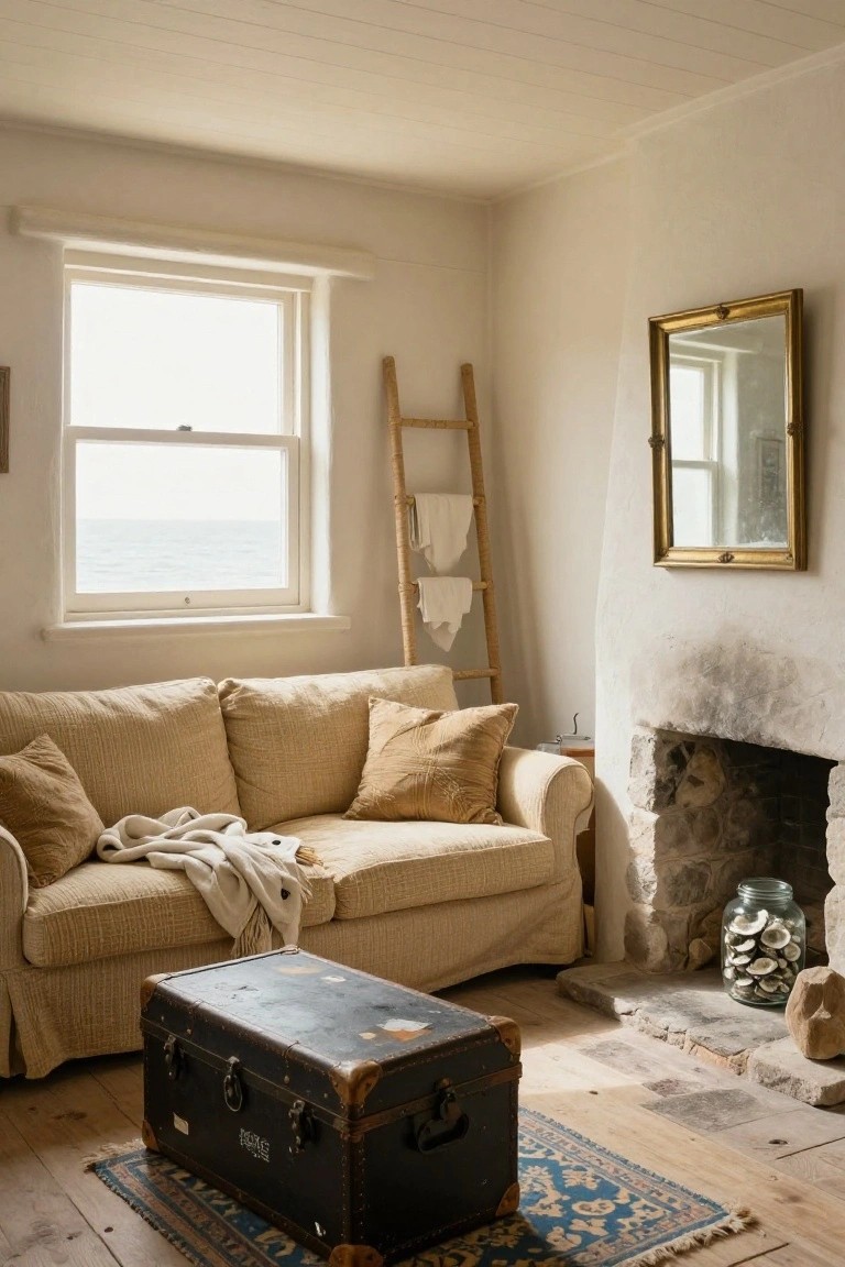 Cozy living room interior with beige linen sofa, black vintage trunk as coffee table, stone fireplace with jar of oysters, wooden ladder holding white towels, window to the sea, and Persian rug on wooden floor.