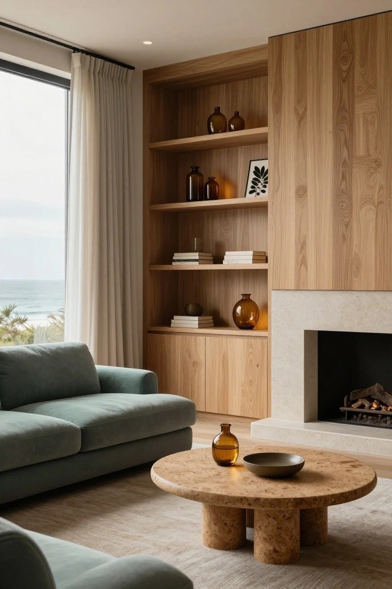 Modern living room featuring teal velvet sofa, round cork coffee table, extensive oak wood built-in shelving and cabinets along one wall beside a stone fireplace, with large window showing ocean view and beige curtains.