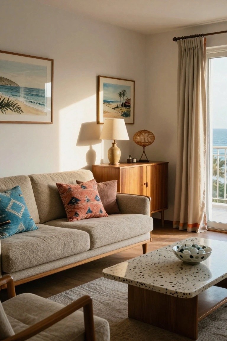 A sunlit living room featuring a beige sofa with colorful patterned pillows, wooden credenza with lamps, terrazzo-top coffee table holding a bowl, beach artwork on walls, and sliding doors opening to an ocean view.