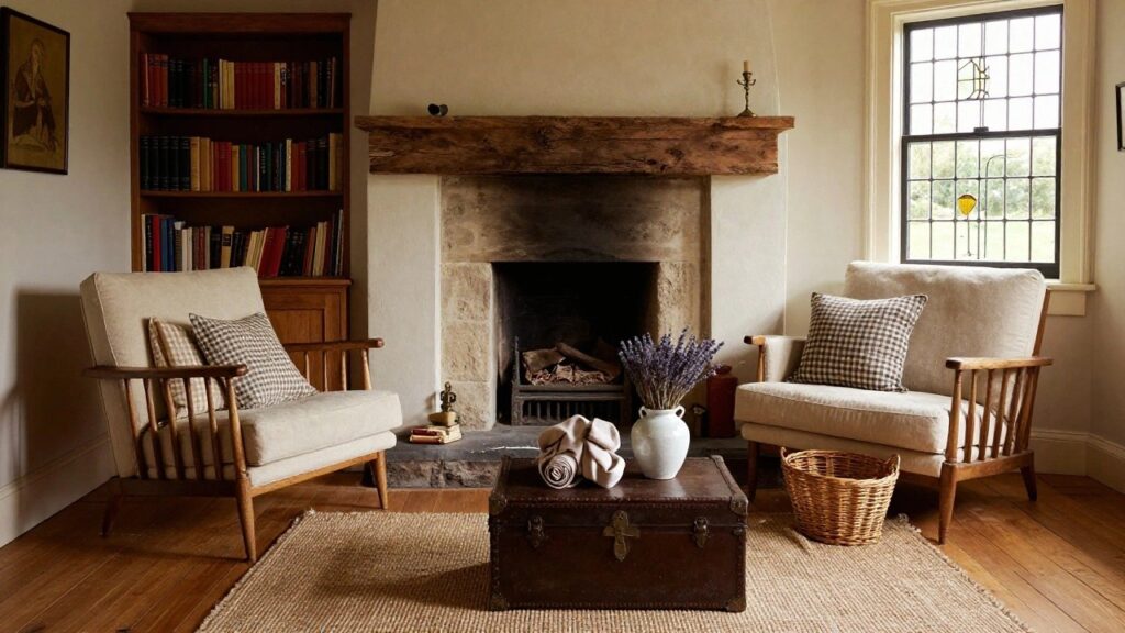 22 Cozy Cottage Living Room Ideas That Feel Storybook-Perfect Cozy living room with a lit stone fireplace under a thick wooden mantel, white slipcovered sofas with checkered pillows, bookshelves, potted lavender, and a black trunk coffee table on wood floors.
