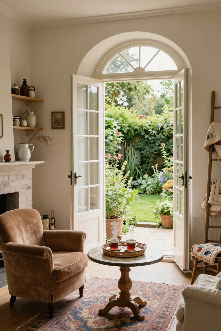 Light-filled living room with tan velvet armchair by small round table holding teacups, open white French doors and arched window framing lush garden, wooden shelves with pottery and jug, brick fireplace.
