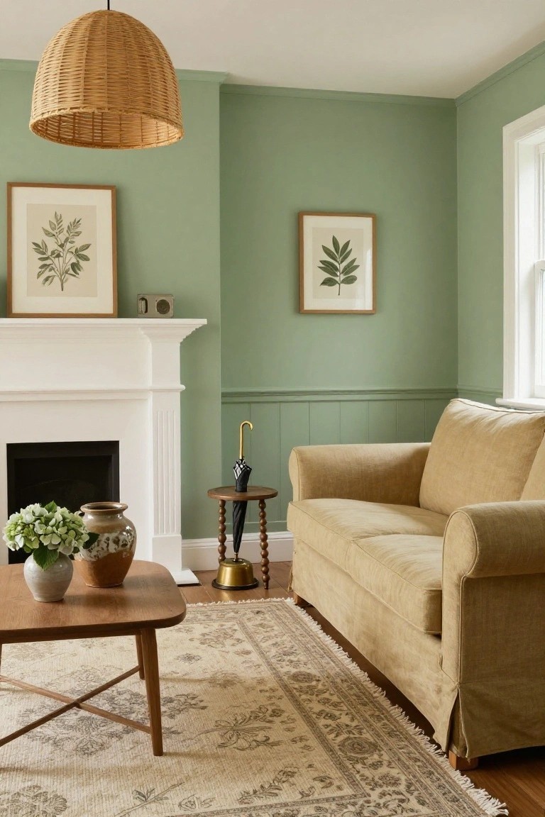 A cozy living room corner with pale sage green walls, white fireplace mantel, beige slipcovered sofa, wooden coffee table on a beige rug, rattan pendant light, gold umbrella stand, and framed botanical prints.
