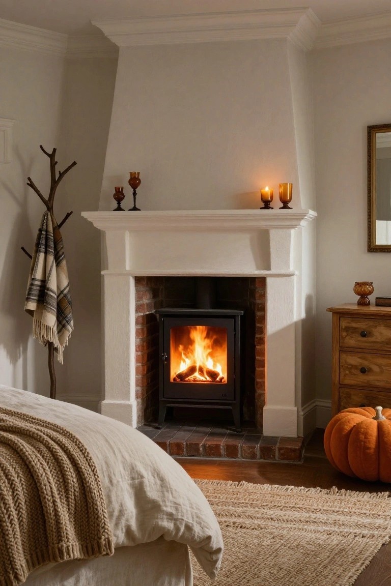 Bedroom interior with lit black wood stove in brick hearth and white mantel, beige bed with knit throw, plaid scarf on branch coat rack, amber candles on mantel, wooden dresser, orange pumpkin, and jute rug on wood floor.