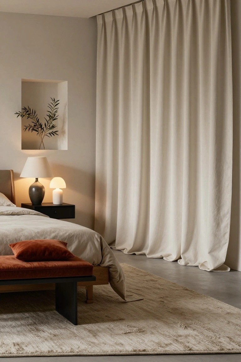 A bedroom interior featuring a low bed with neutral linens, a black bedside table with two lamps, a wooden bench with terracotta cushion at the bed's foot, beige floor-to-ceiling curtains, and a light-colored rug on a concrete floor.