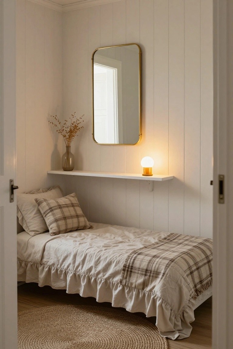 Small bedroom with white vertical paneled walls, single bed with ruffled cream skirt and sheets topped by plaid blanket and pillows, floating shelf with gold lamp and glass vase of dried branches, oval gold mirror, seagrass rug on wood floor, viewed through open doorway.