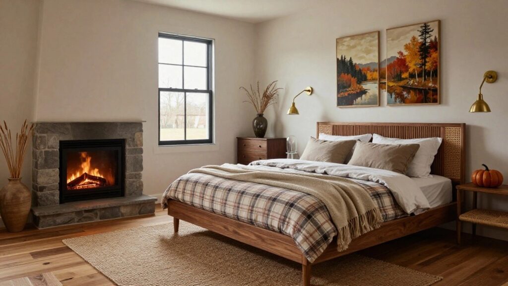 22 Cozy Fall Bedroom Ideas to Embrace the Season Cozy bedroom with gray stone fireplace next to a low wood bed frame, rattan headboard, white walls, plaid bedding, exposed wood beam ceiling, hardwood floors, and a small pumpkin on a bench.