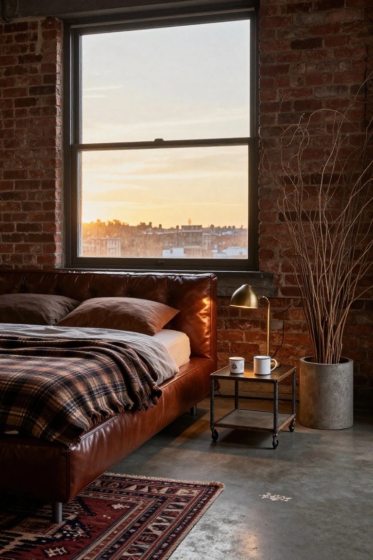 Bedroom in industrial loft with exposed brick walls, brown tufted leather bed draped in plaid blanket, large window showing sunset city view, metal side table holding two mugs and arched lamp, potted branches nearby.
