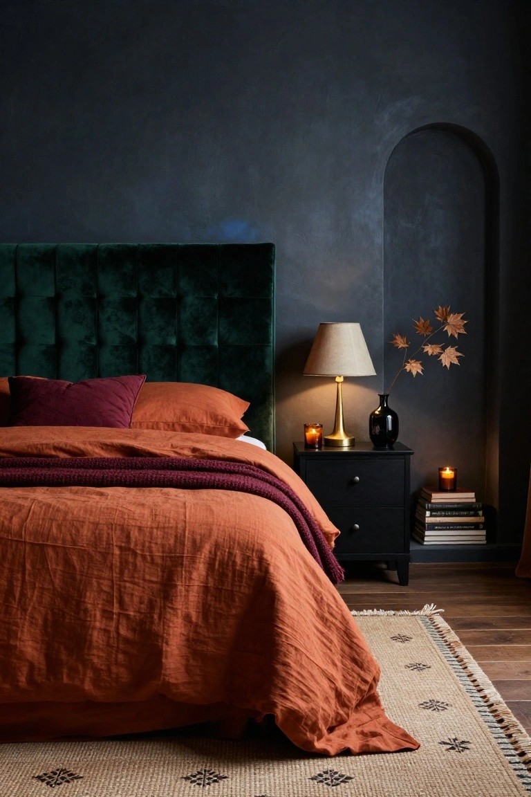 Bedroom with dark navy textured walls, emerald green velvet tufted headboard, orange linen duvet and burgundy pillows, brass lamp and black vase on black nightstand with stacked books and candles, arched wall niche with dried maple leaves, and beige rug on wood floor.