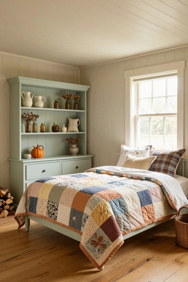 A simply furnished bedroom with pale green dresser shelves holding white pitchers, jars, pumpkins, and dried flowers next to a bed covered in a multicolored patchwork quilt, plaid and neutral pillows, stacked firewood, wicker basket, hardwood floors, and window with white trim.