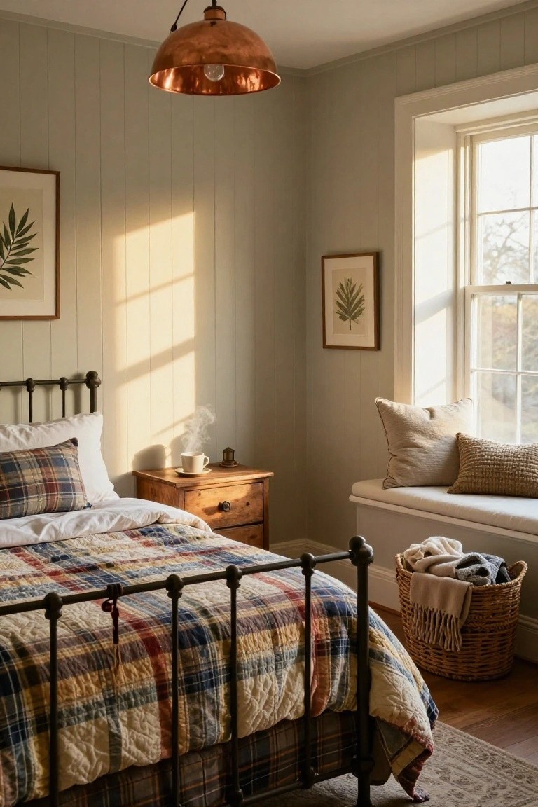 Sunlit bedroom with sage green paneled walls, black iron bed draped in multicolored plaid quilt and pillows, wooden nightstand holding white teacup with steam, window seat with cushions and throws, two botanical prints, copper pendant light, and wicker basket of blankets on wood floor.