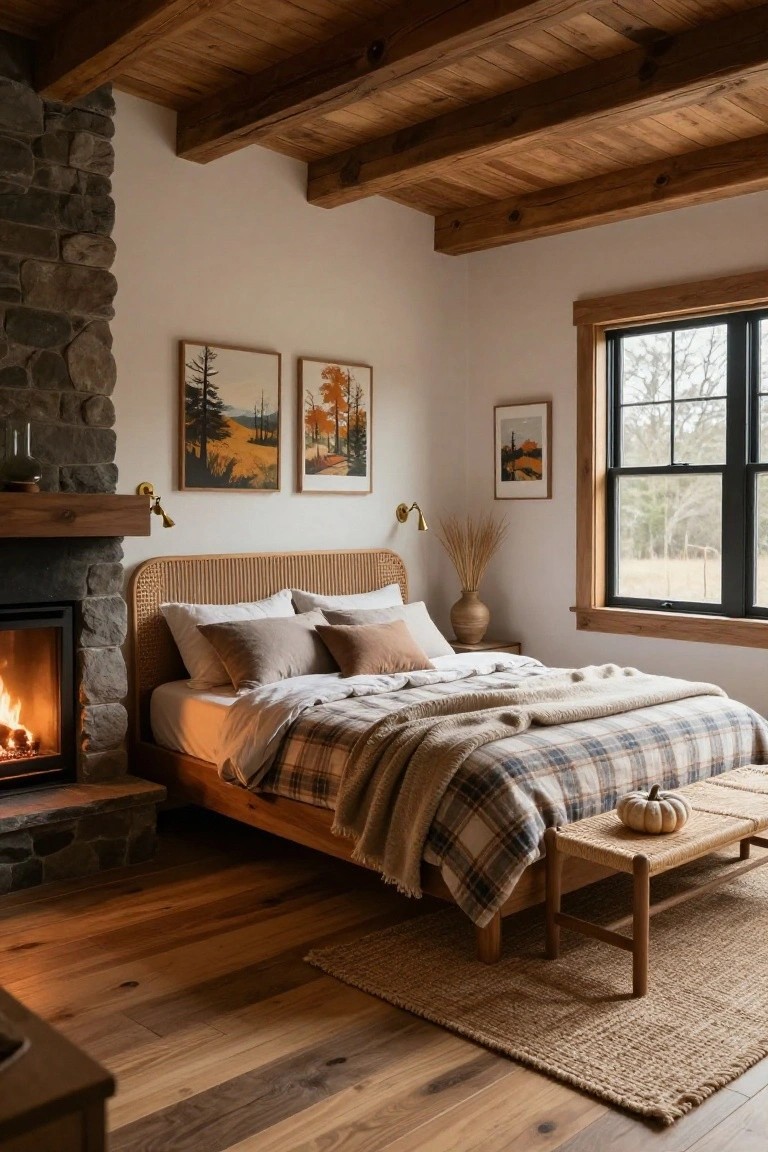Cozy bedroom with gray stone fireplace next to a low wood bed frame, rattan headboard, white walls, plaid bedding, exposed wood beam ceiling, hardwood floors, and a small pumpkin on a bench.