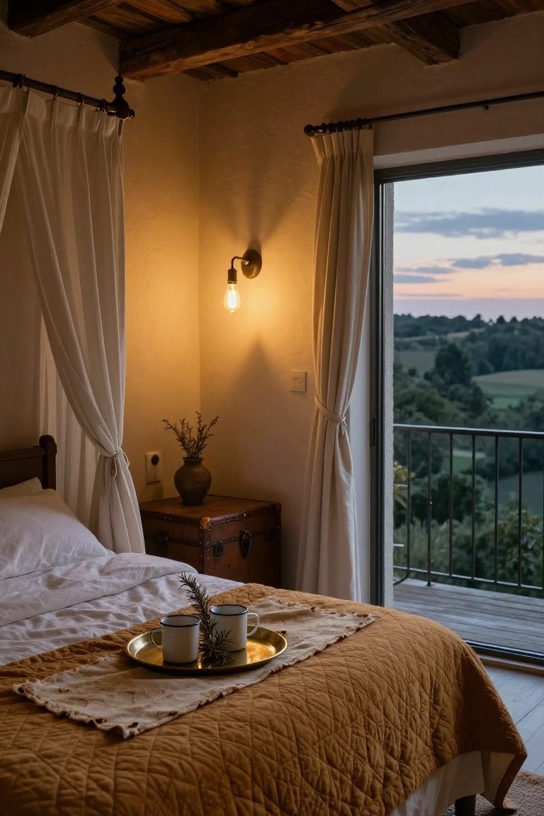 Bedroom interior with wooden ceiling beams, canopy-draped bed topped by terracotta quilted blanket and gold tray holding two white mugs with black rims, wooden trunk nightstand with terracotta vase of dried branches, wall lamp lit by exposed bulb, and open balcony doors showing countryside hills at dusk.