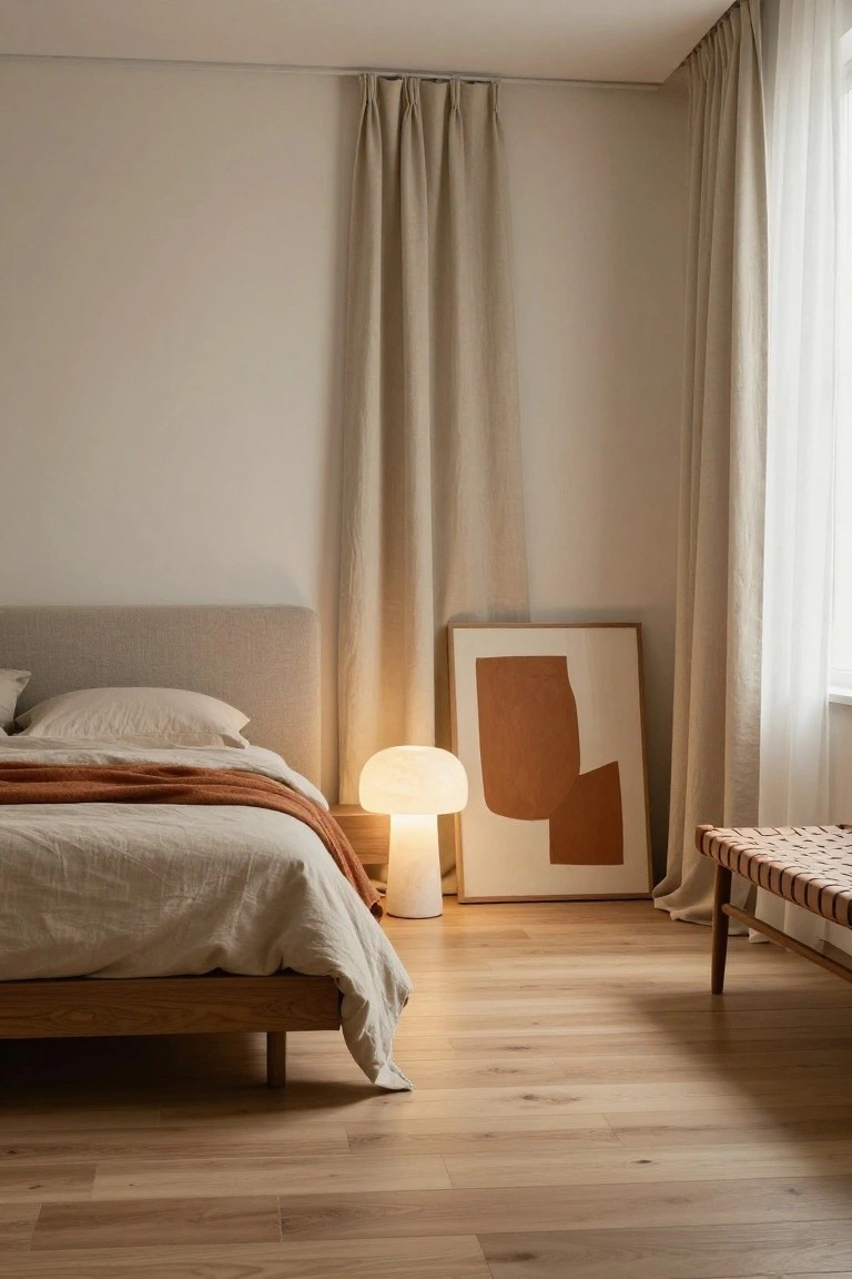 A bedroom corner with a beige upholstered bed draped in a terracotta throw, a white mushroom lamp on a wooden nightstand, an abstract terracotta and white framed artwork, beige curtains on a window, a wooden bench, and light oak flooring.