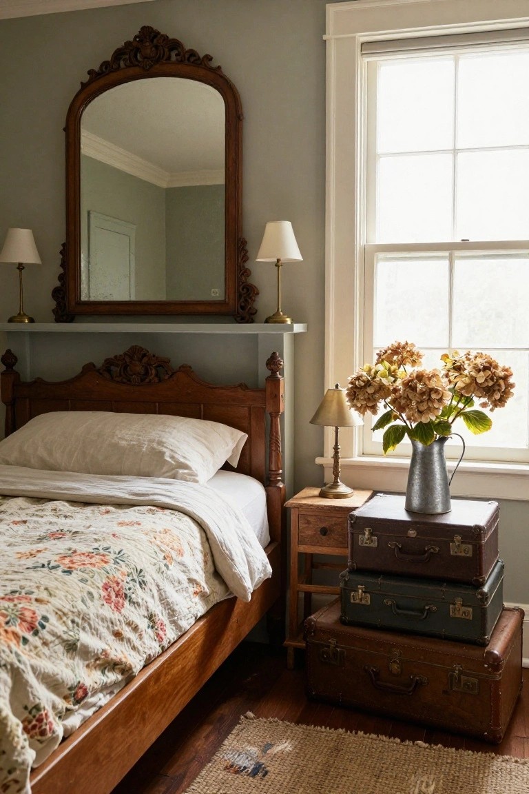 Cozy bedroom corner featuring a carved wooden bed with white linens and floral quilt, antique mirror above a shelf, two brass lamps, stacked vintage suitcases as nightstand with lamp and pitcher of dried hydrangeas by a window, green-gray walls, and hardwood floor with rug.