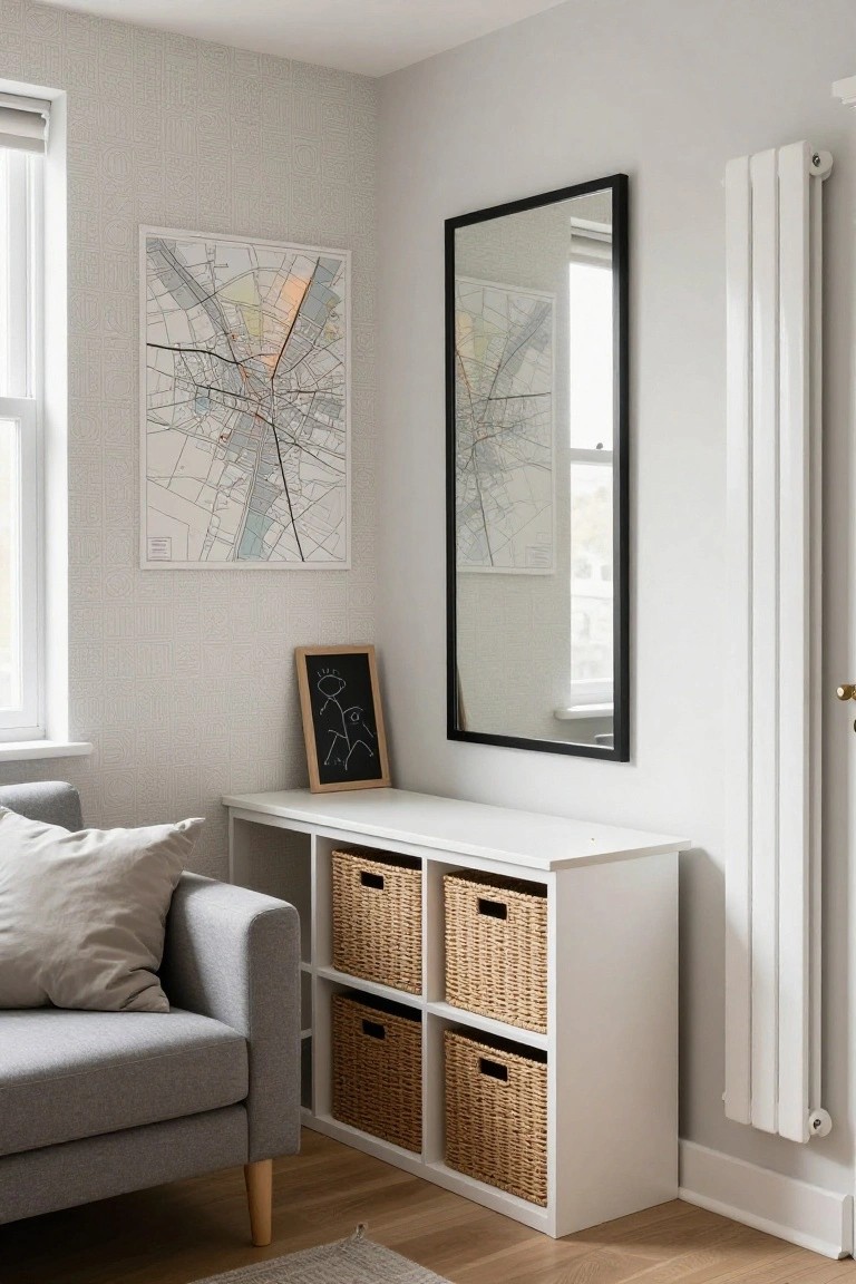 A living room corner with a light gray sofa, white cube shelving unit containing four wicker baskets, a tall black-framed mirror on the wall, a framed city map print, a small wooden blackboard frame, a white radiator, and light wood flooring.