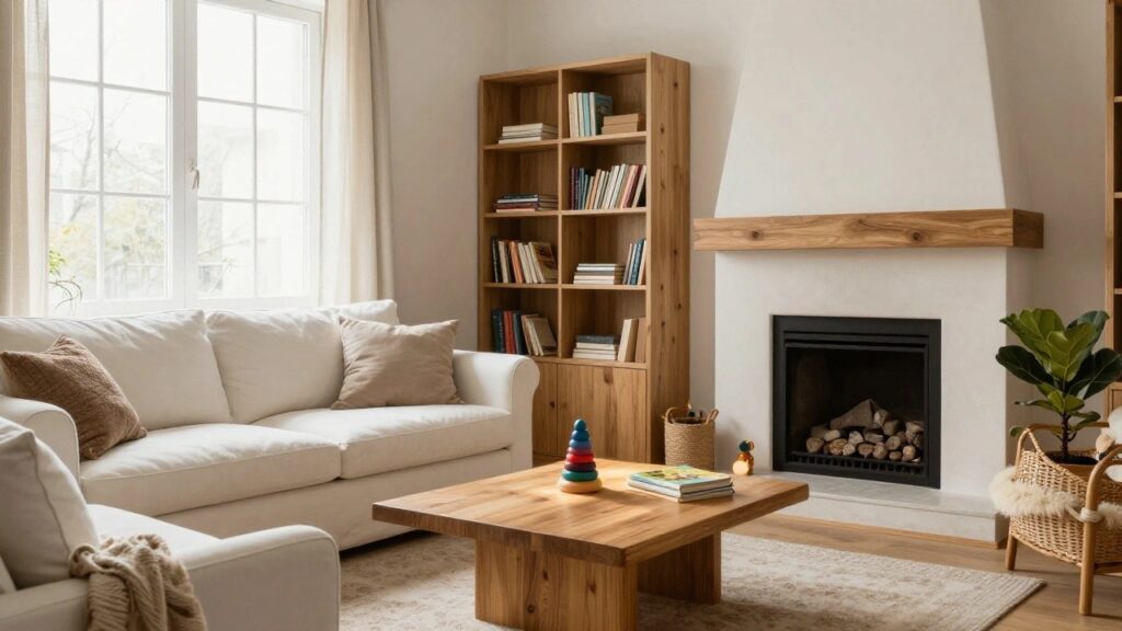 22 Cozy Family-Friendly Living Room Ideas That Work for Everyone A bright living room with cream sofas, wooden coffee table topped with books and a colorful stacking toy, wooden bookshelves with books, a tall fiddle leaf fig plant, woven baskets, sheer curtains on large windows, and a beige area rug.
