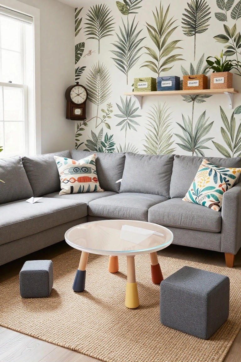 Living room with gray L-shaped sofa, round glass-top table on multicolored wooden legs, two gray cube poufs on a rug, tropical palm leaf wallpaper, wooden wall clock, and shelves holding labeled woven baskets.