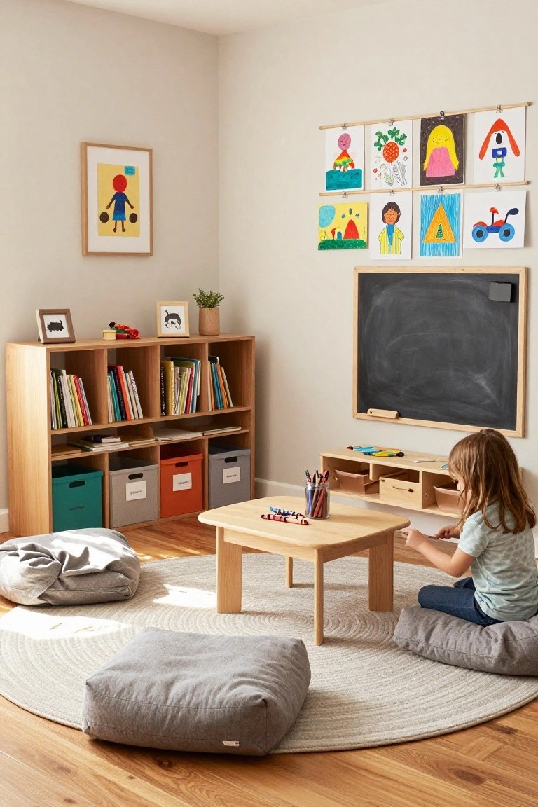 A cozy indoor children's playroom with a low wooden table, gray floor cushions on a round rug, wooden open shelving with books and bins, a large wall-mounted chalkboard, and children's artwork clipped on rods.