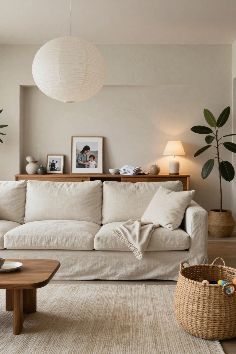 A light beige living room featuring a large slipcovered linen sofa with throw pillows and blanket, wooden coffee table, sideboard with family photos ceramics and lamp, potted plants, table lamp, paper lantern ceiling light, seagrass rug, and wicker toy basket.