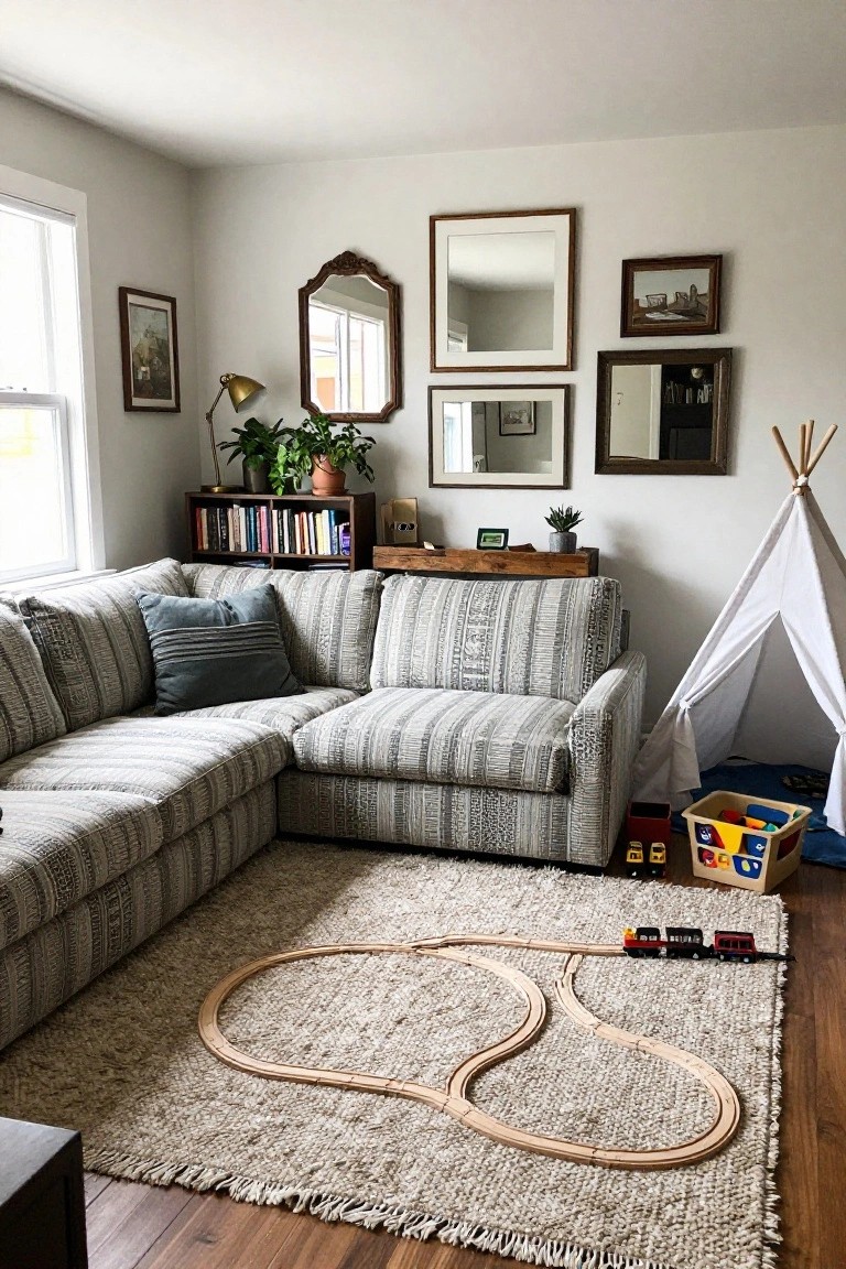 Corner of a living room with gray striped L-shaped sofa, wooden bookshelves holding books and plants, multiple wall mirrors and framed art, green potted plant, white canvas teepee, toy trains and blocks on a neutral woven rug with train track, and hardwood floors.