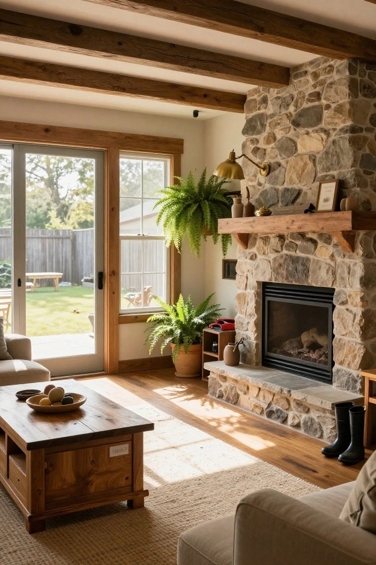 Sunlit living room with stacked stone gas fireplace, wooden ceiling beams and mantel, beige sofa, wooden coffee table with bowl of fruit, potted ferns, and sliding glass doors to backyard fence and grass.