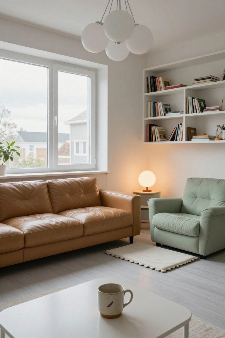 Modern living room featuring a tan leather sofa, pale green armchair, white coffee table with mug, bookshelves, potted plant, and large window overlooking houses.