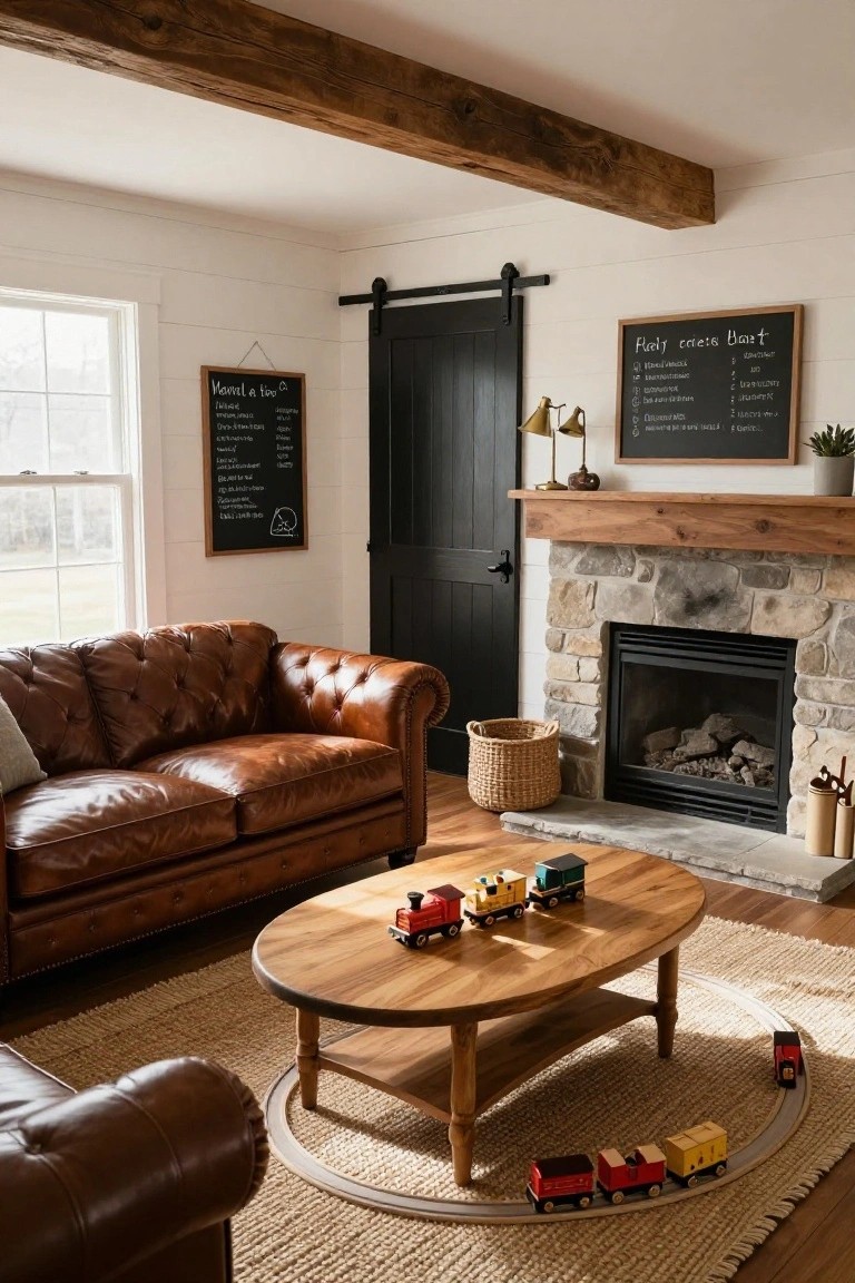 Cozy living room featuring a brown leather tufted sofa, oval wooden coffee table with a looping toy train track and wooden trains, stone fireplace with gas logs, wicker basket, and framed blackboards on white shiplap walls.