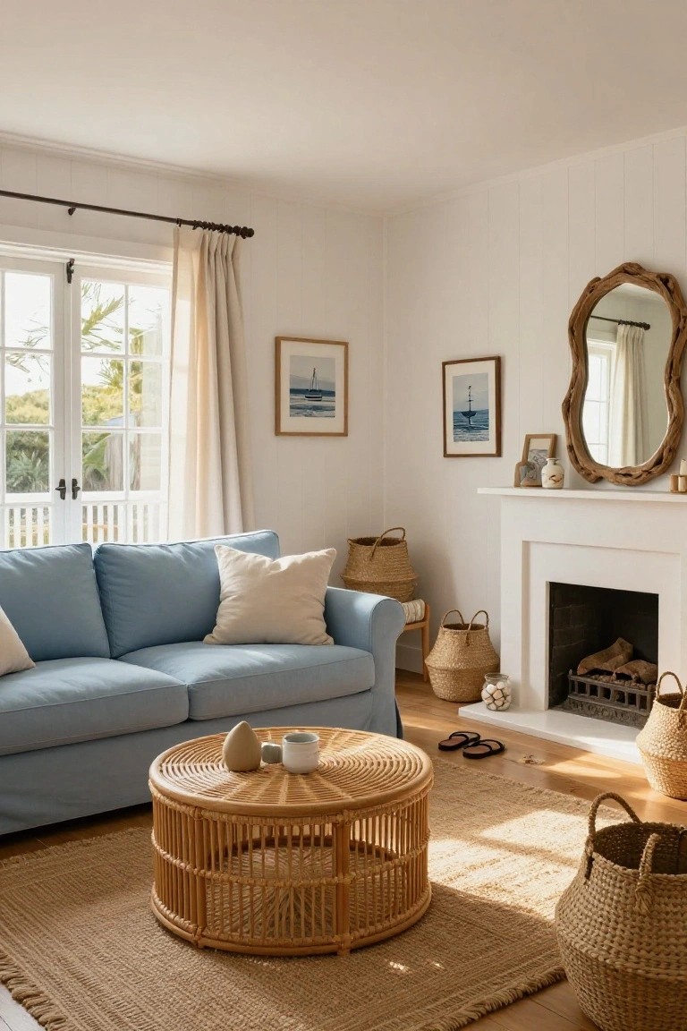 White paneled living room with blue sofa, round rattan coffee table on seagrass rug, fireplace, woven baskets, and coastal art on walls.