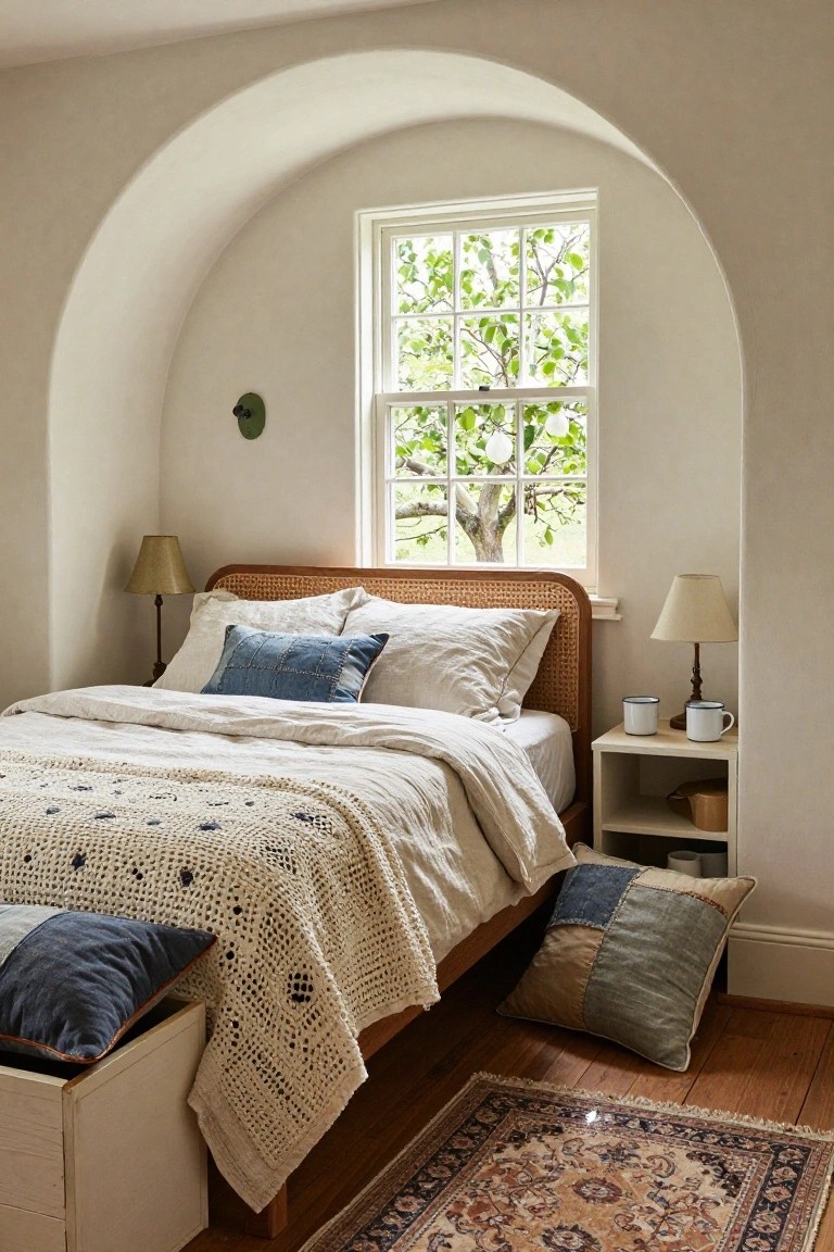 Bedroom featuring a rattan headboard bed under an arched window with tree view, white linens, blue denim pillows, table lamps, wooden floors, and a small Persian rug.