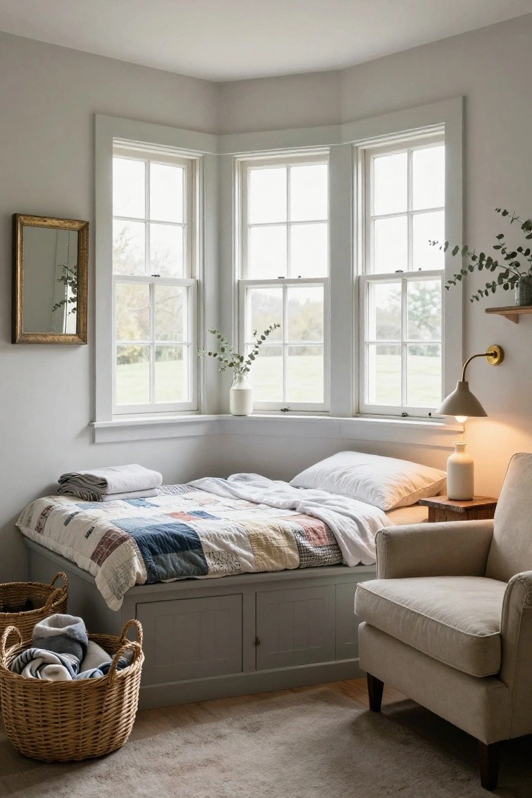 A cozy bedroom corner with a gray built-in bench daybed under three white-framed bay windows, covered in a colorful patchwork quilt and white bedding, next to a beige armchair, wooden side table, baskets, and potted plants.
