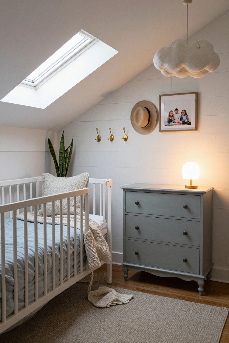 Attic nursery room with sloped white shiplap walls, skylight, white wooden crib with light blue bedding and knit pillows, gray dresser with lamp, potted snake plant, family photo, hats on gold hooks, and cloud pendant light over seagrass rug.