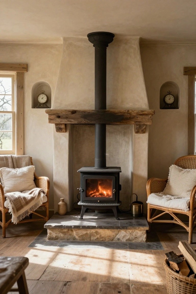 Rustic interior room with a lit black wood-burning stove in a beige plaster surround topped by a wooden mantel, flanked by two rattan armchairs with white cushions and throws, wall niches with clocks, stone hearth, kettles, wooden floors, and a log basket.