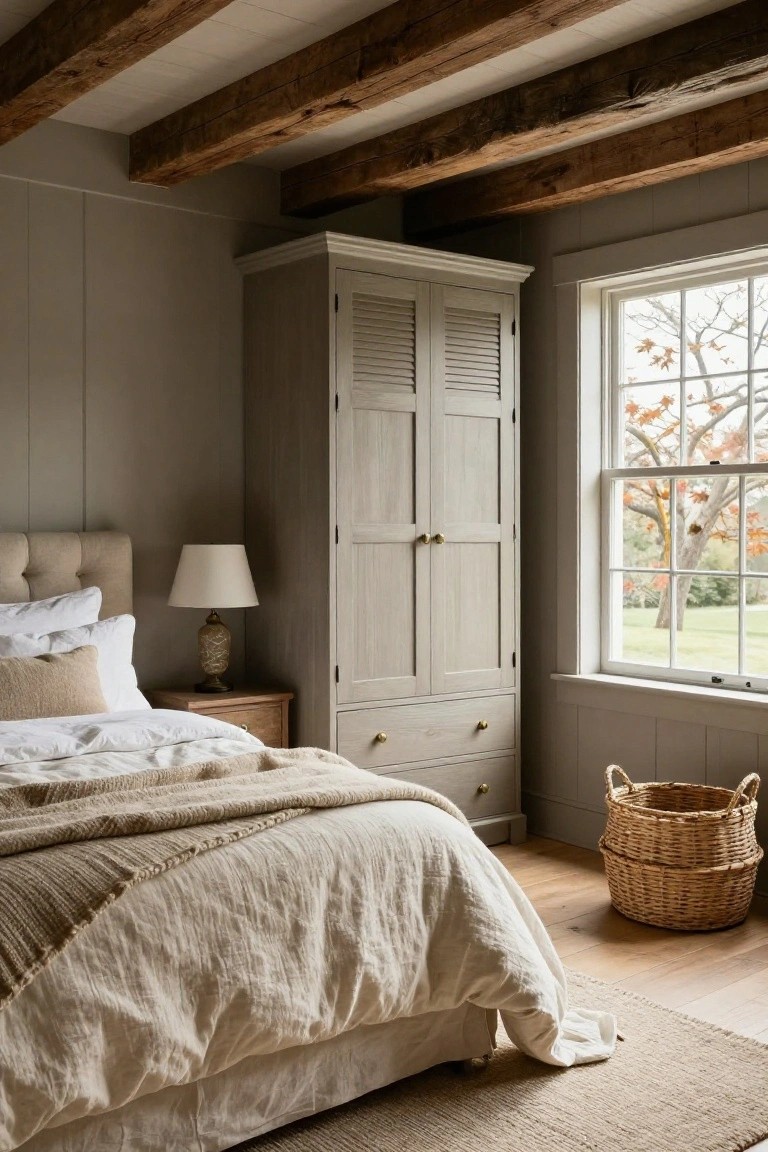Bedroom interior with exposed wooden ceiling beams, tall louvered wardrobe, upholstered bed with white and beige linens, wooden nightstand and lamp, greige paneled walls, hardwood floor, wicker basket, and window showing autumn trees and lawn.