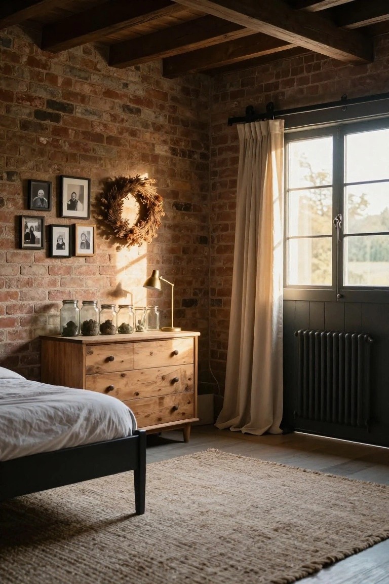 Cozy bedroom with exposed red brick wall, wooden ceiling beams, oak dresser topped with mason jars containing green plant material, black bed frame with white sheets, seagrass rug, and large window with beige curtains.