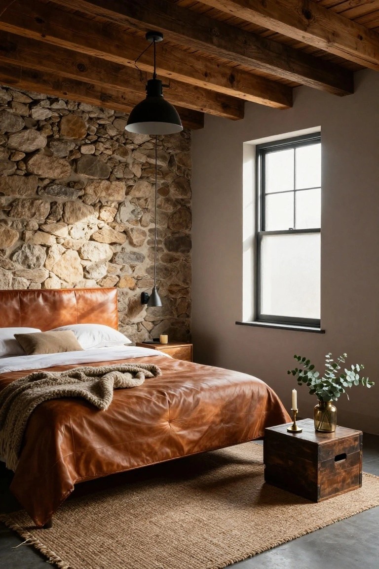 Bedroom with exposed stone accent wall behind tan leather bed, wooden beamed ceiling, black pendant light, window with sheer curtain, bedside table with candle and eucalyptus vase, wooden stool, and seagrass rug on concrete floor.