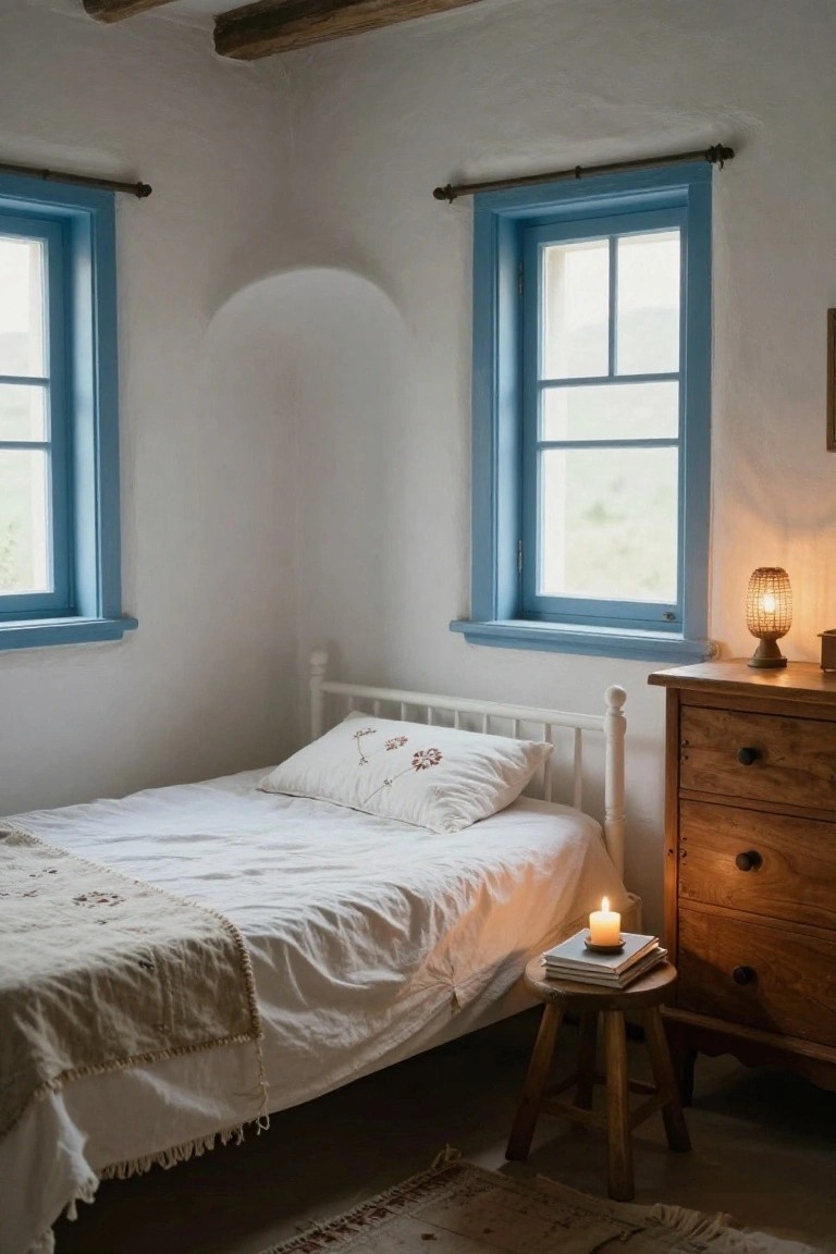 A cozy white bedroom with exposed dark wooden ceiling beams, blue window frames overlooking greenery, a single white iron bed with embroidered pillows and linens, wooden dresser, rattan lamp, candle and books on a wooden stool, and a woven rug on the floor.