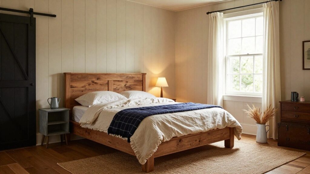 A farmhouse-style bedroom with white shiplap walls, a black sliding barn door, wooden bed with white linens and blue plaid blanket, nightstand with lamp, vintage trunk, and window with sheer curtains.