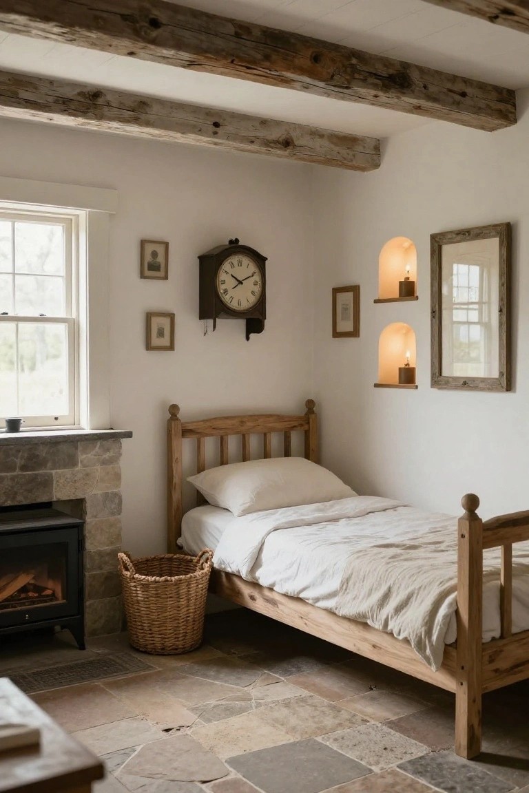 Cozy bedroom with exposed rough wooden ceiling beams, wooden spindle bed, stone fireplace, wall clock, candlelit niches, and wicker basket on stone tile floor.